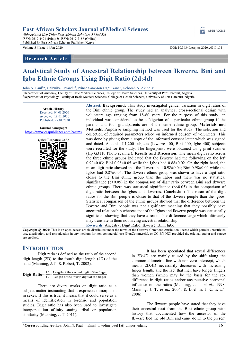 Analytical Study of Ancestral Relationship Between Ikwerre, Bini and Igbo Ethnic Groups Using Digit Ratio (2D:4D)