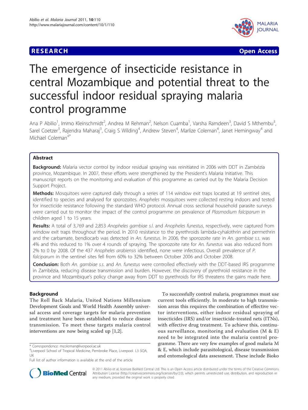 The Emergence of Insecticide Resistance in Central Mozambique