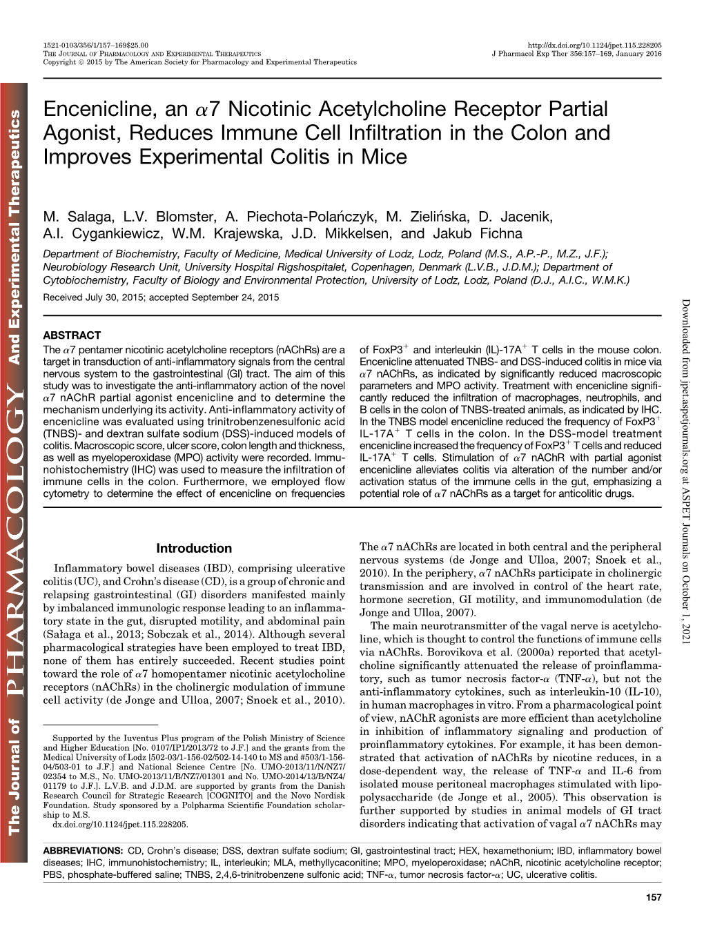 Encenicline, an A7 Nicotinic Acetylcholine Receptor Partial Agonist, Reduces Immune Cell Infiltration in the Colon and Improves Experimental Colitis in Mice