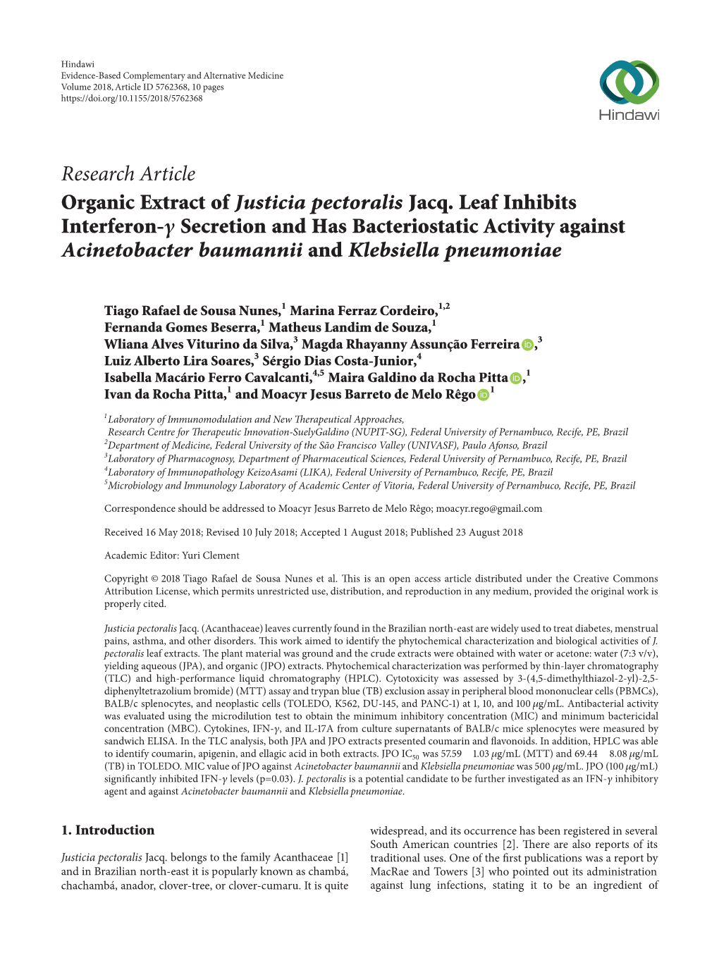 Research Article Organic Extract of Justicia Pectoralis Jacq. Leaf