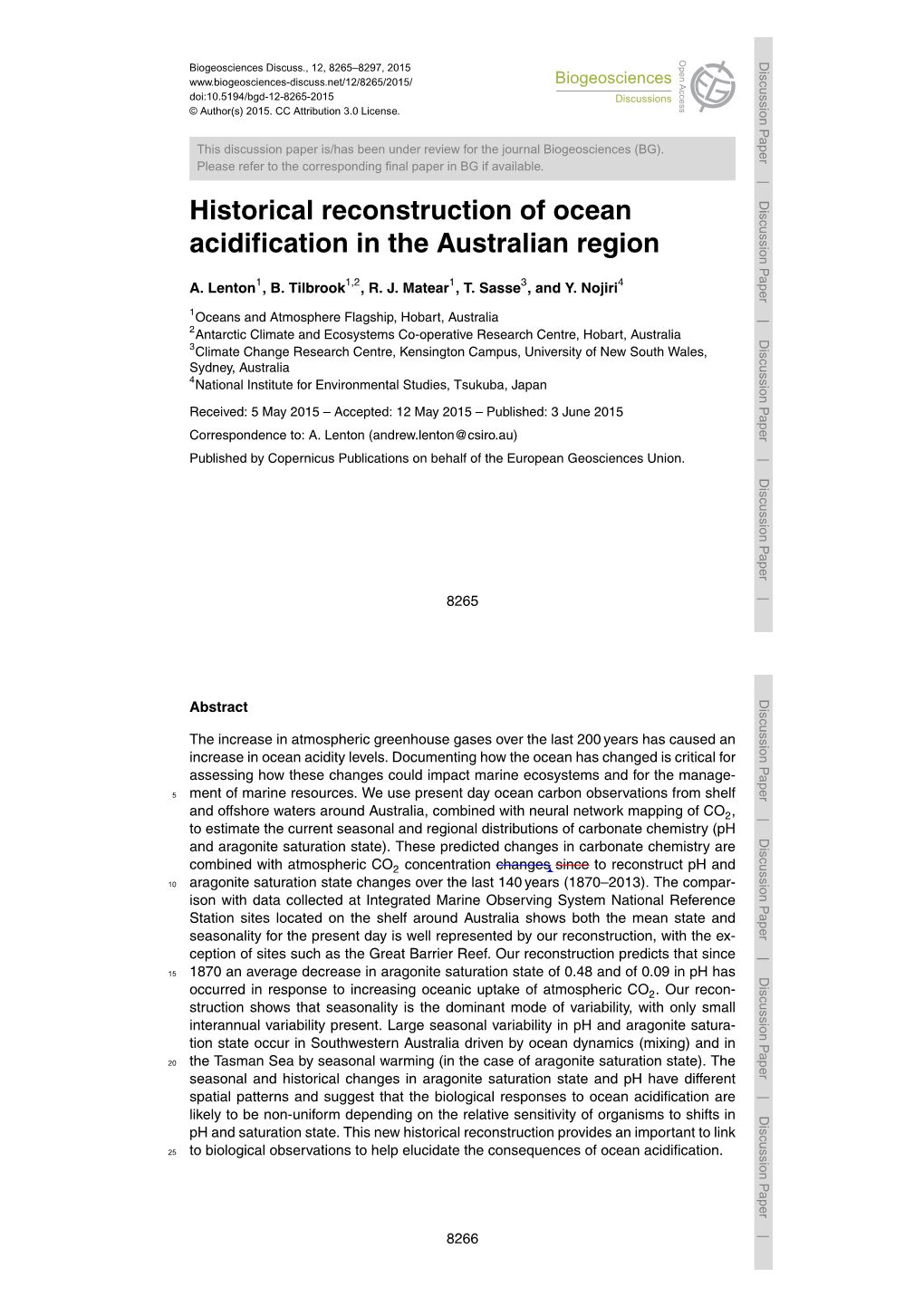 Historical Reconstruction of Ocean Acidification in The