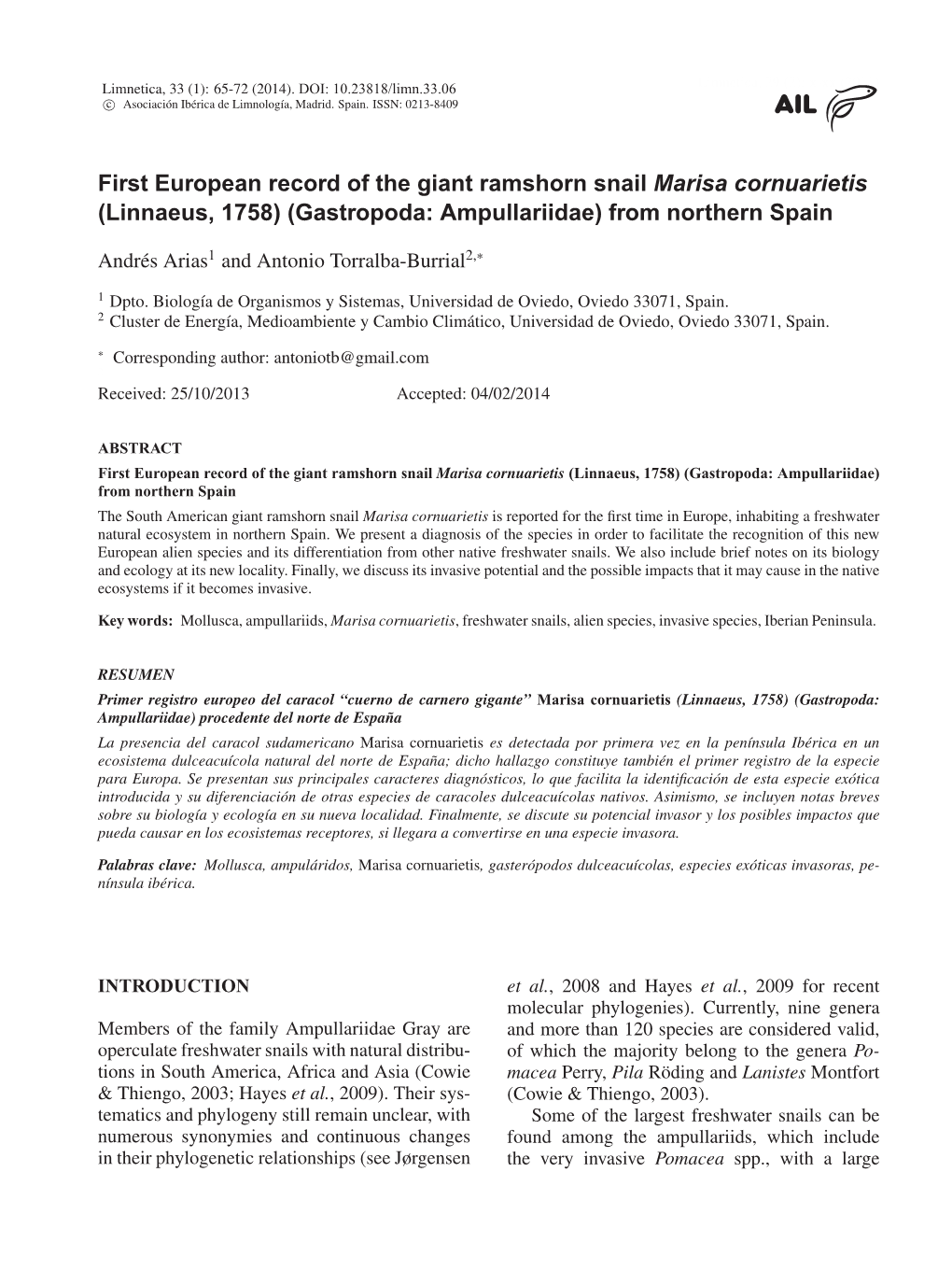 First European Record of the Giant Ramshorn Snail Marisa Cornuarietis (Linnaeus, 1758) (Gastropoda: Ampullariidae) from Northern Spain