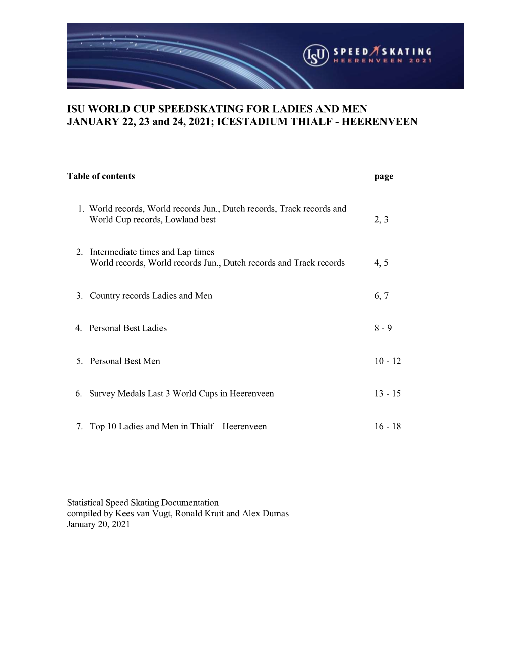 ISU WORLD CUP SPEEDSKATING for LADIES and MEN JANUARY 22, 23 and 24, 2021; ICESTADIUM THIALF - HEERENVEEN