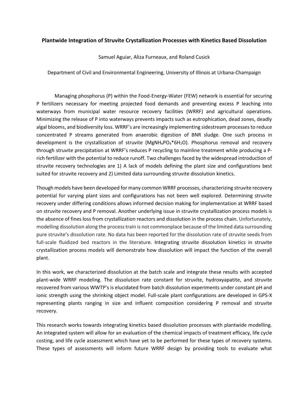 Plantwide Integration of Struvite Crystallization Processes with Kinetics Based Dissolution