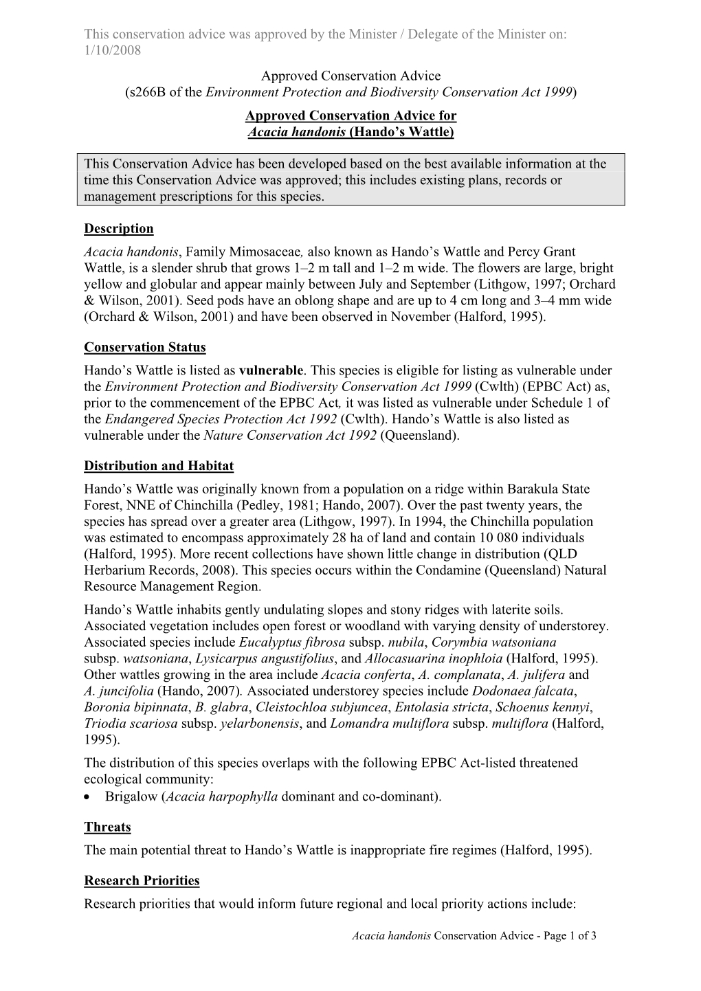 Approved Conservation Advice for Acacia Handonis (Hando's Wattle)