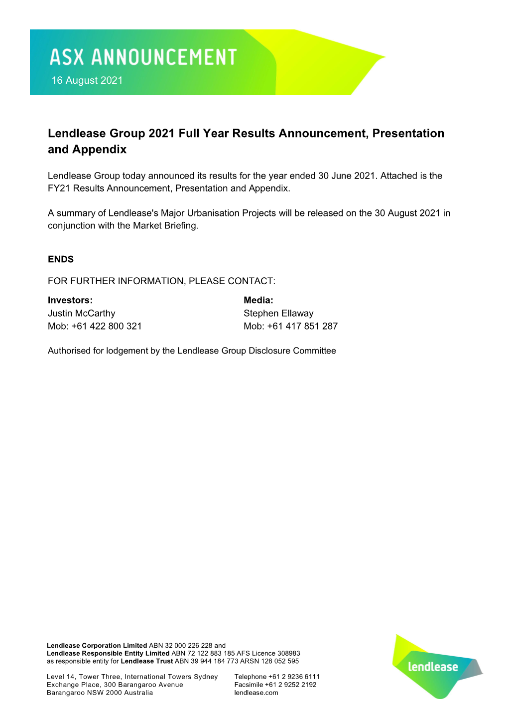 Lendlease Group 2021 Full Year Results Announcement, Presentation and Appendix