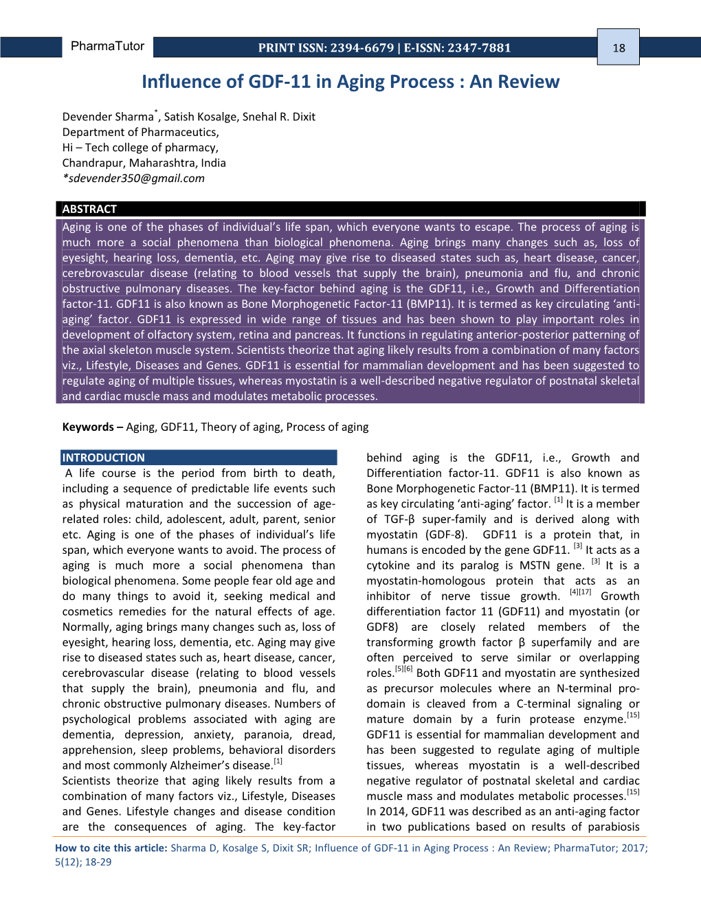 Influence of GDF-11 in Aging Process : an Review