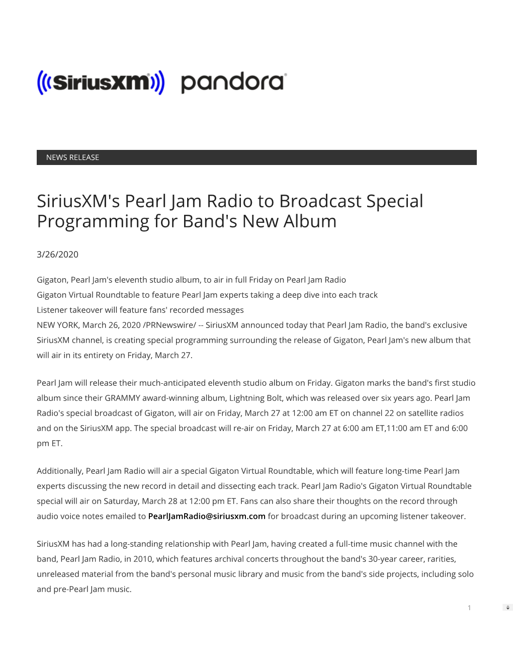 Siriusxm's Pearl Jam Radio to Broadcast Special Programming for Band's New Album
