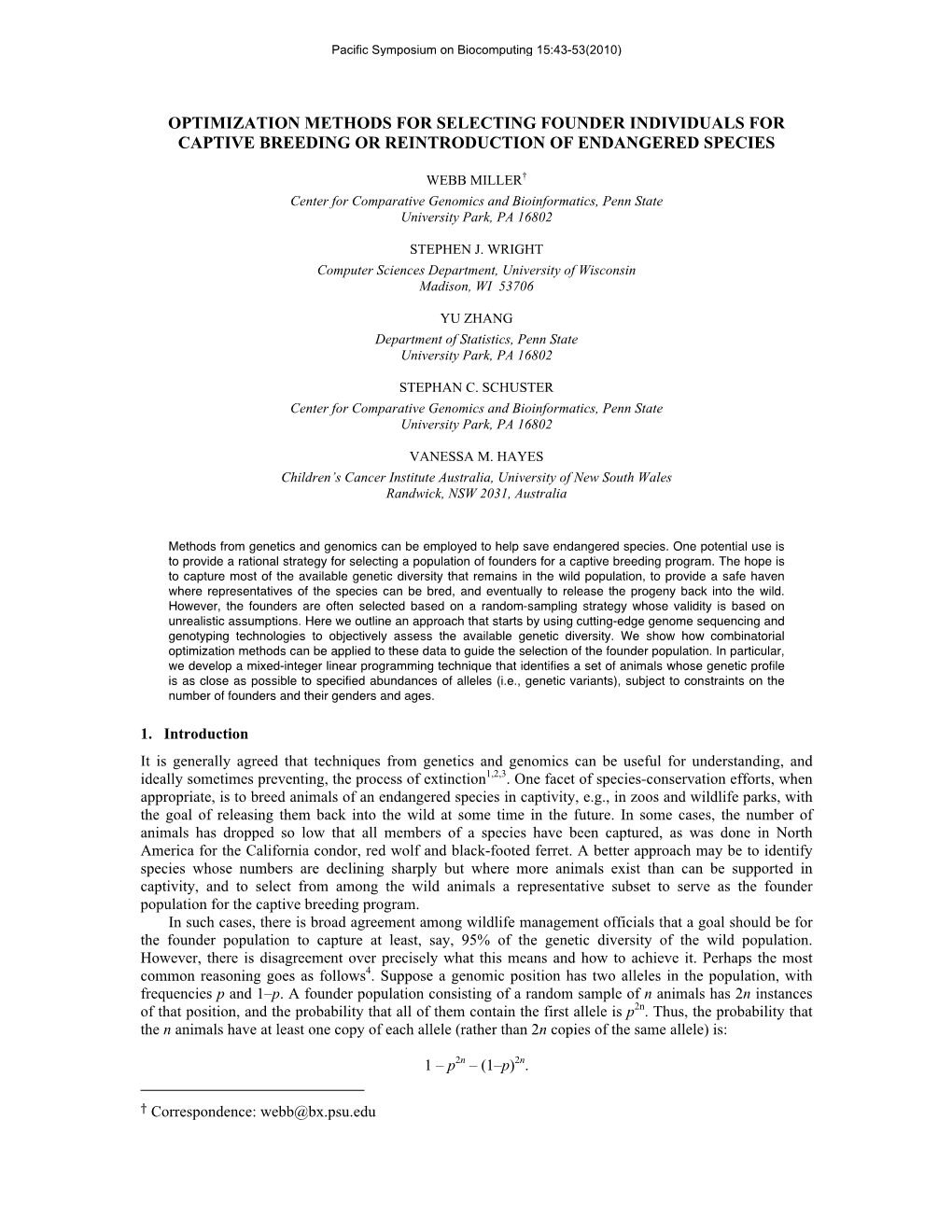 Optimization Methods for Selecting Founder Individuals for Captive Breeding Or Reintroduction of Endangered Species