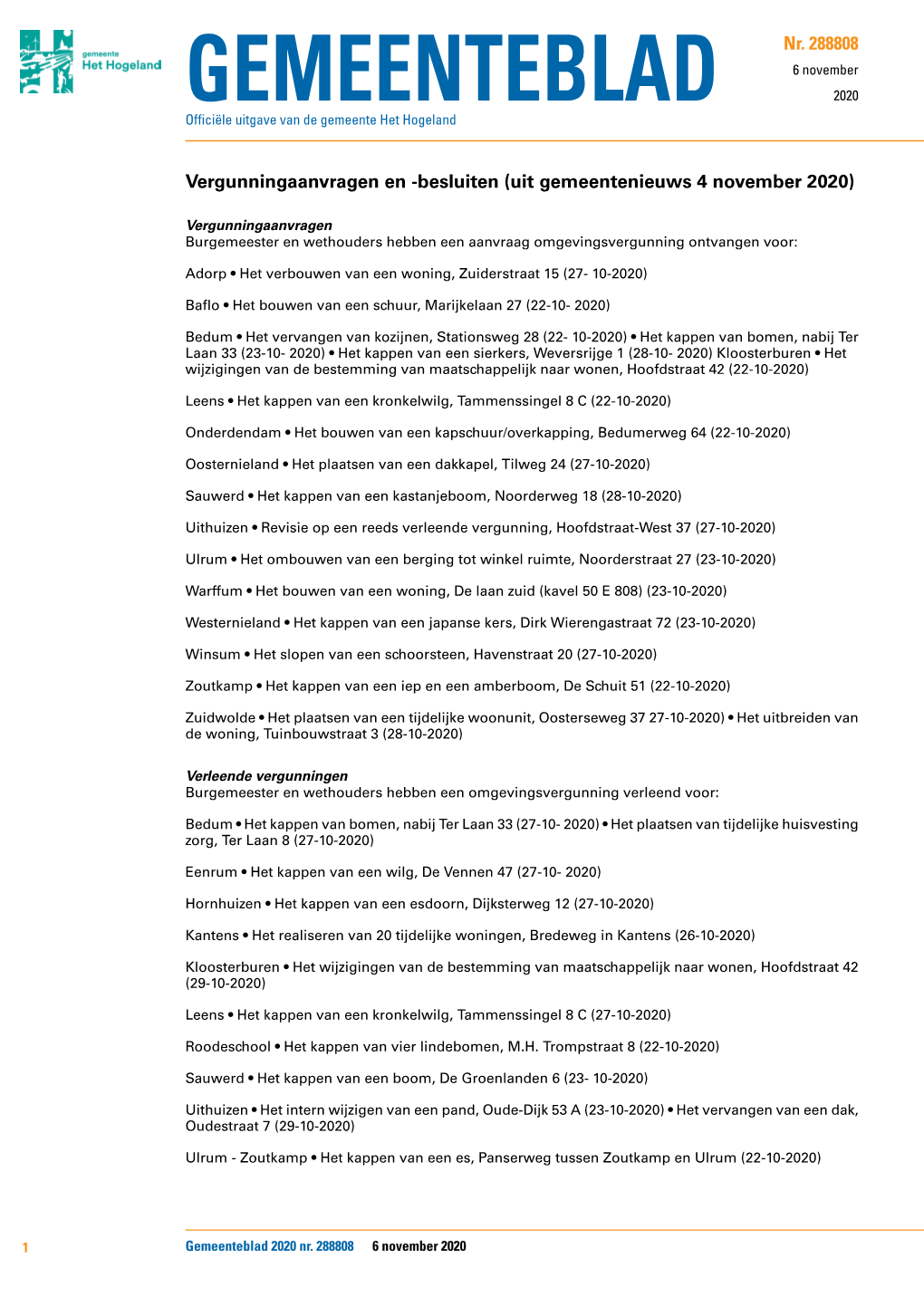 Vergunningaanvragen En -Besluiten (Uit Gemeentenieuws 4 November 2020)