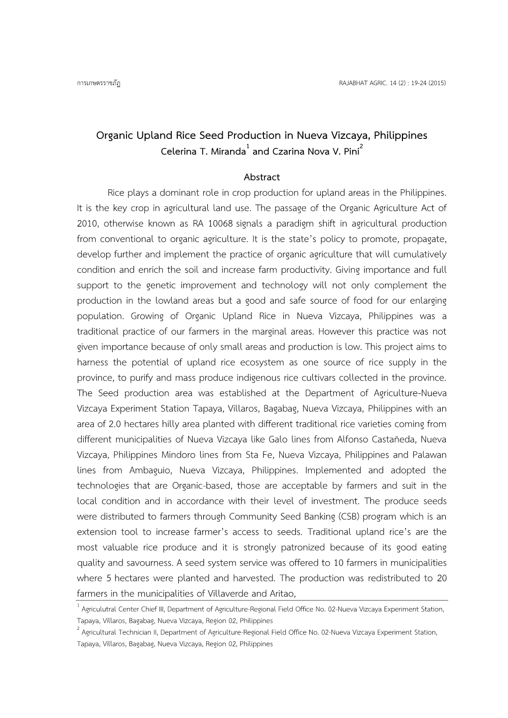 Organic Upland Rice Seed Production in Nueva Vizcaya, Philippines Celerina T