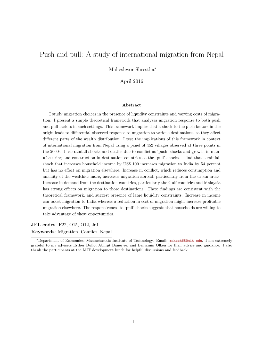 Push and Pull: a Study of International Migration from Nepal