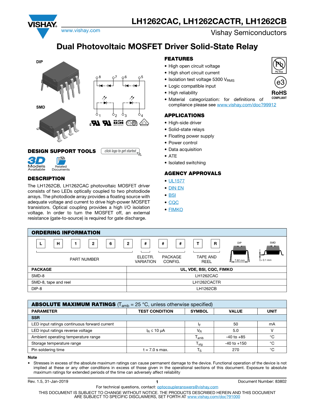 LH1262CAC, LH1262CACTR, LH1262CB Dual Photovoltaic