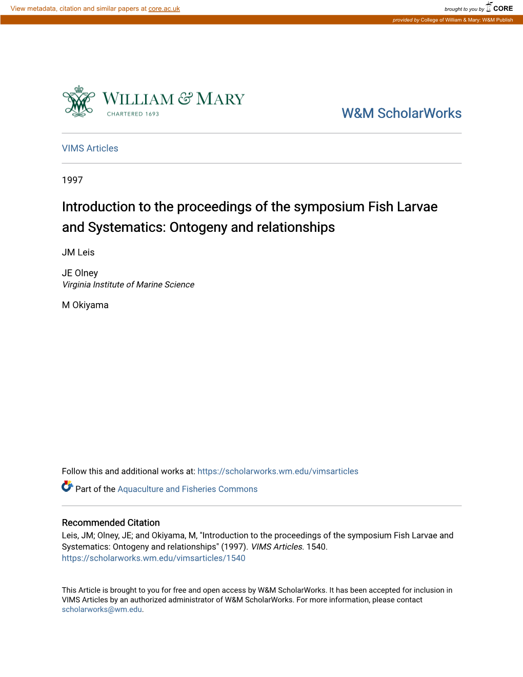 Introduction to the Proceedings of the Symposium Fish Larvae and Systematics: Ontogeny and Relationships