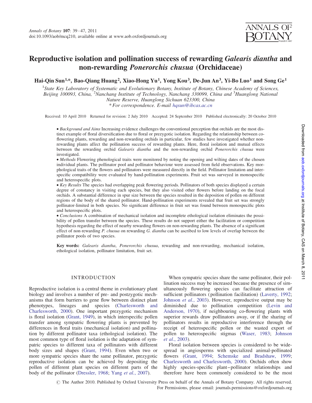 Reproductive Isolation and Pollination Success of Rewarding Galearis Diantha and Non-Rewarding Ponerorchis Chusua (Orchidaceae)