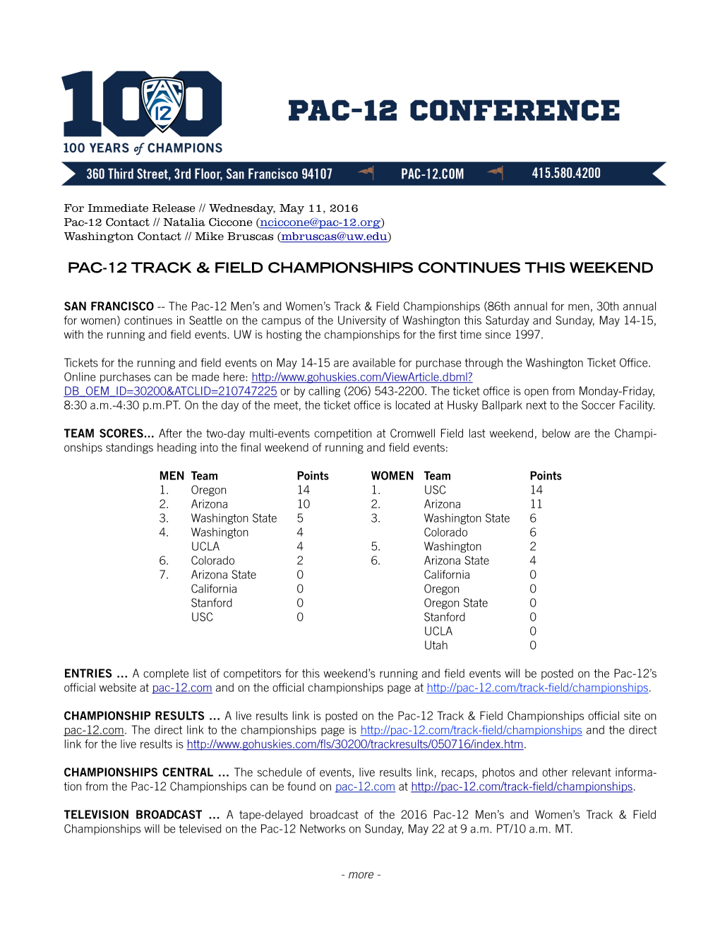 Pac-12 Track & Field Championships Continues This Weekend