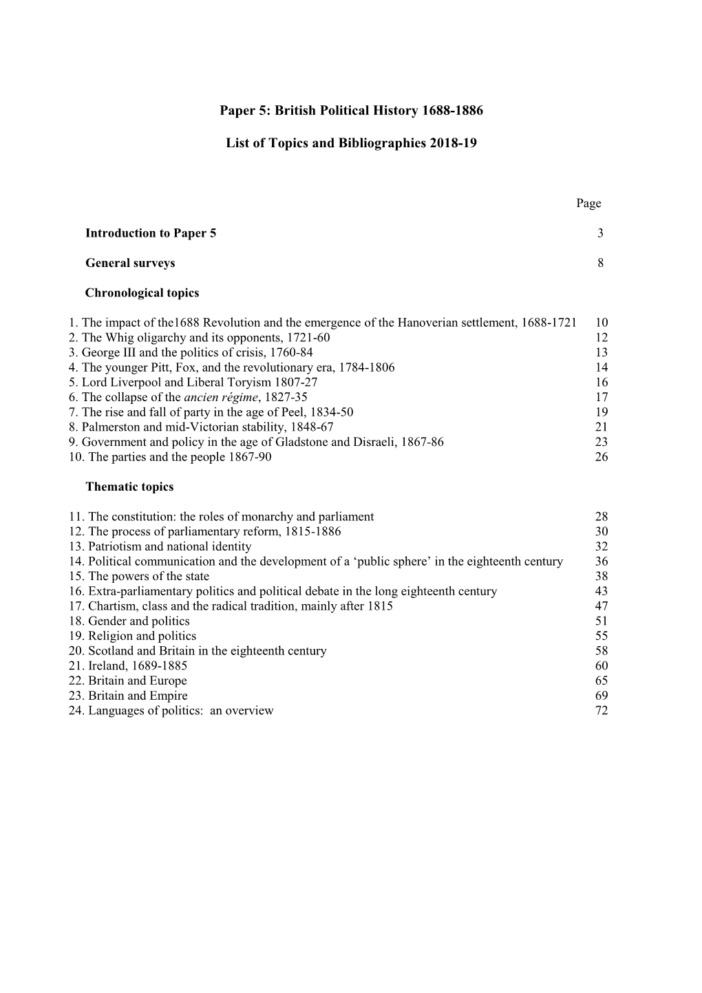 Paper 5: British Political History 1688-1886 List of Topics And