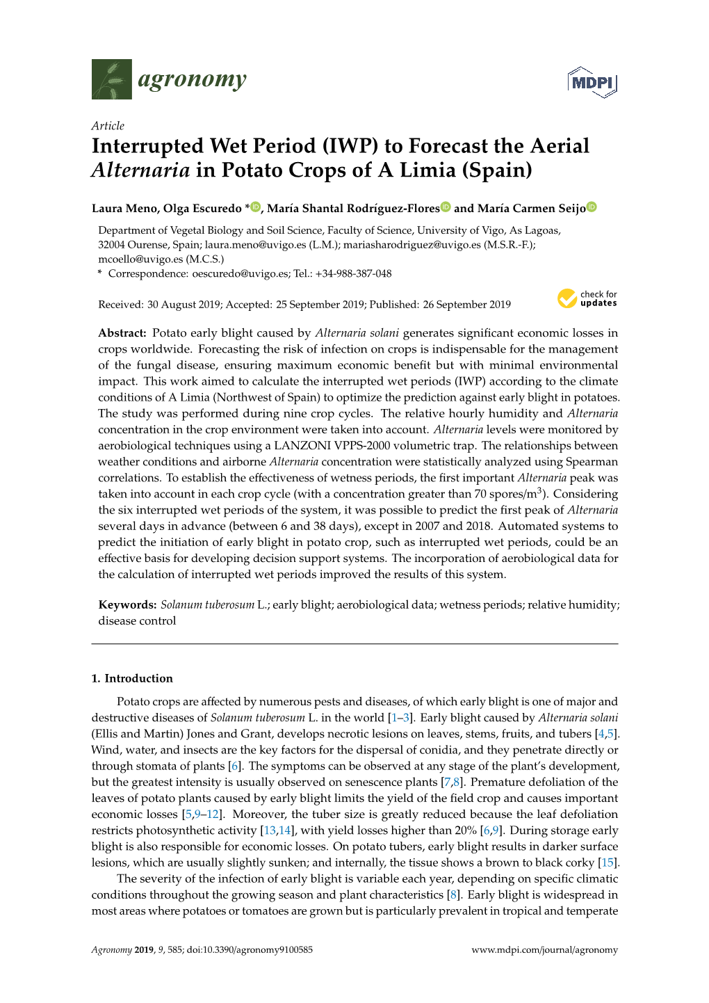 IWP) to Forecast the Aerial Alternaria in Potato Crops of a Limia (Spain