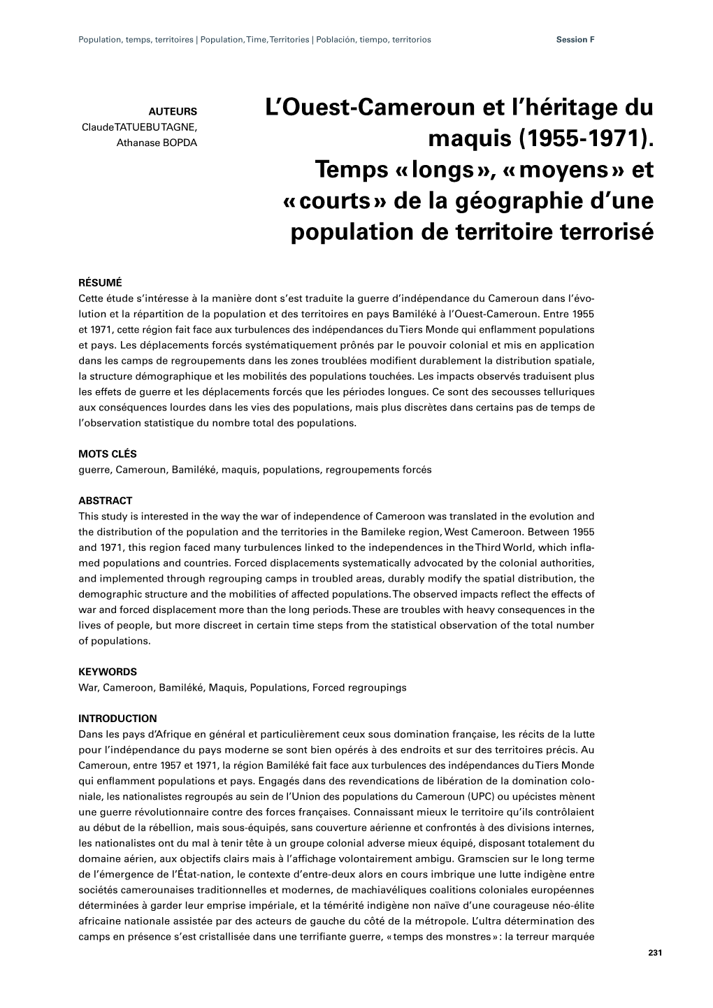 L'ouest-Cameroun Et L'héritage Du Maquis (1955-1971). Temps