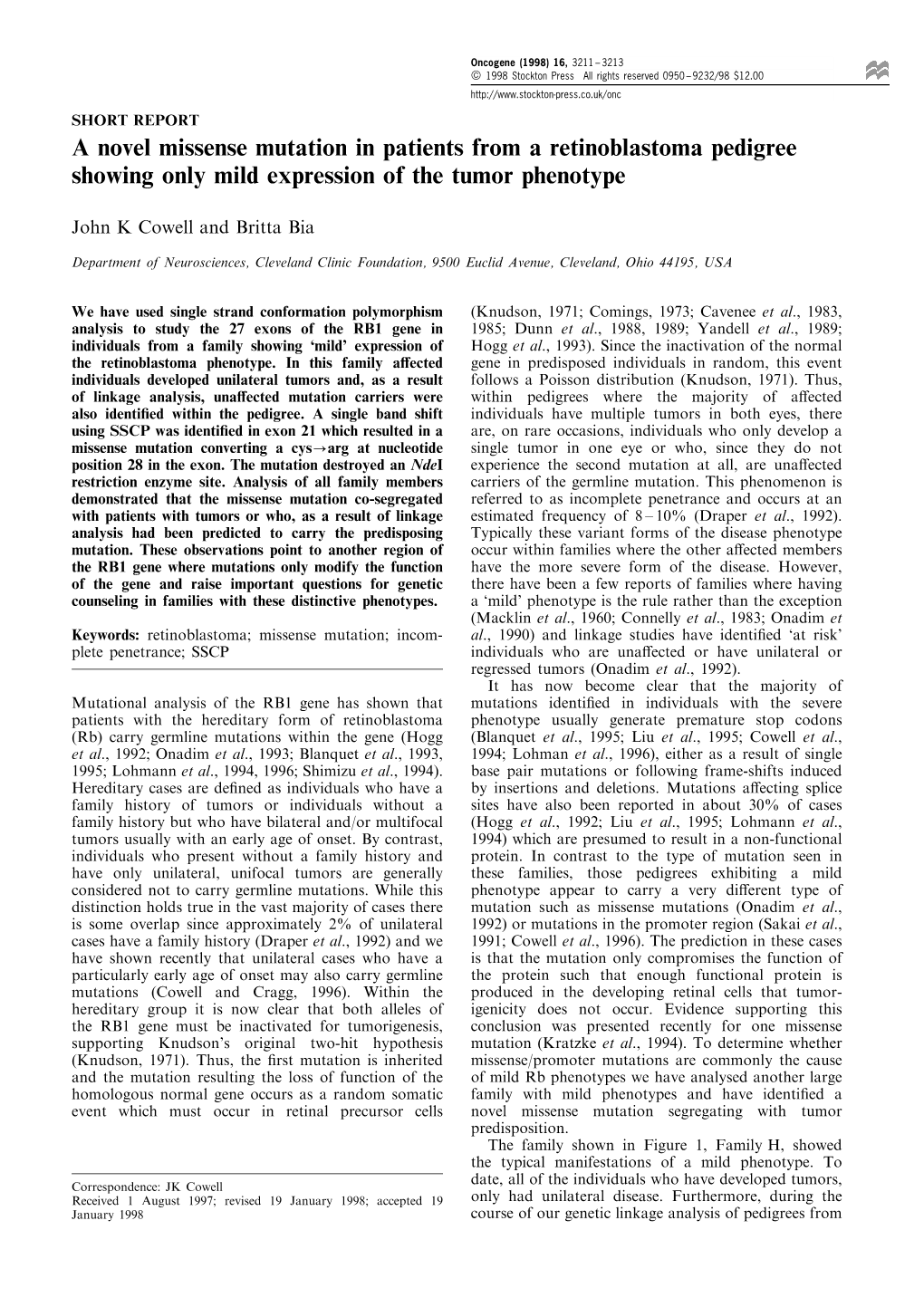 A Novel Missense Mutation in Patients from a Retinoblastoma Pedigree Showing Only Mild Expression of the Tumor Phenotype