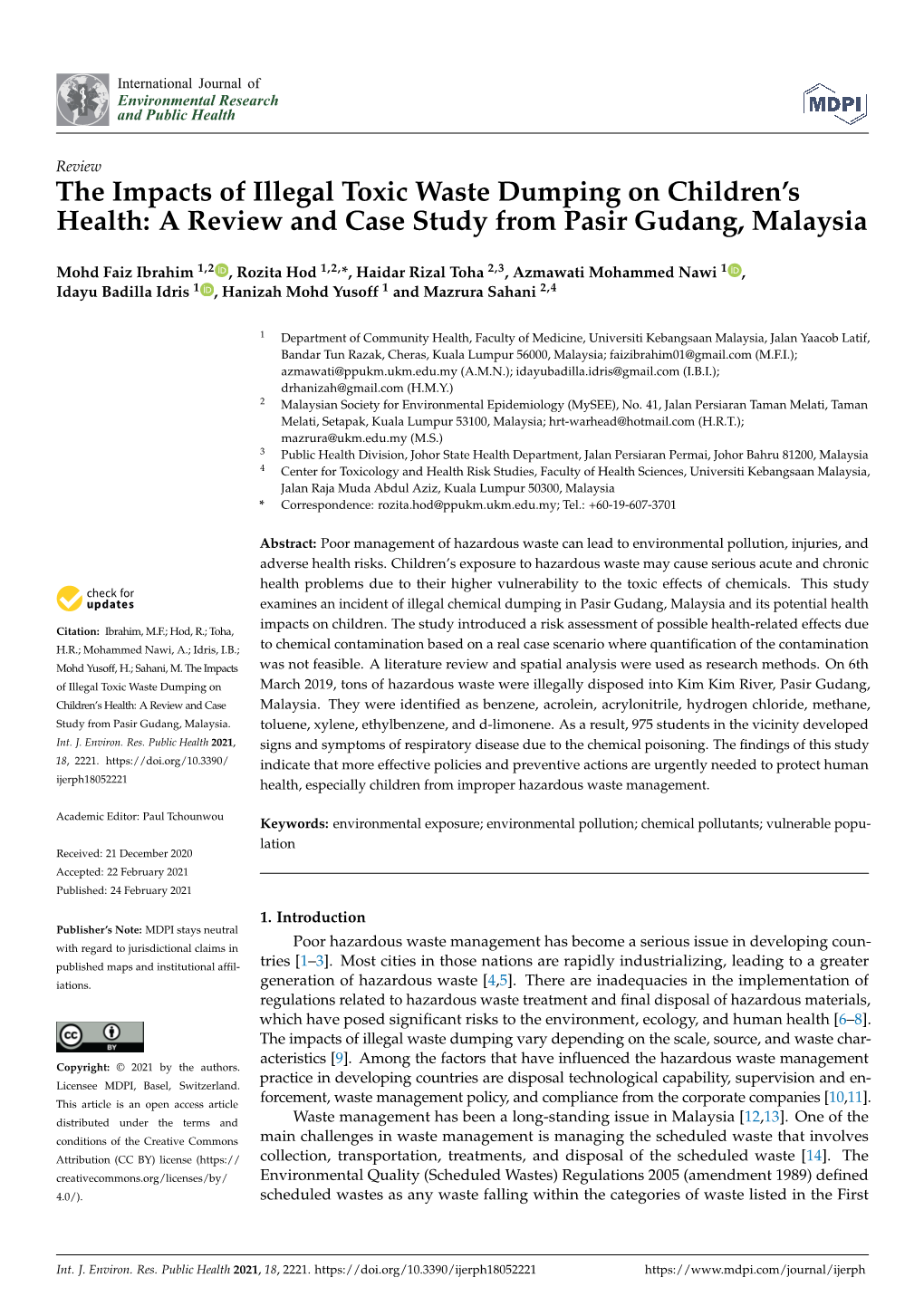 The Impacts of Illegal Toxic Waste Dumping on Children's Health: a Review and Case Study from Pasir Gudang, Malaysia