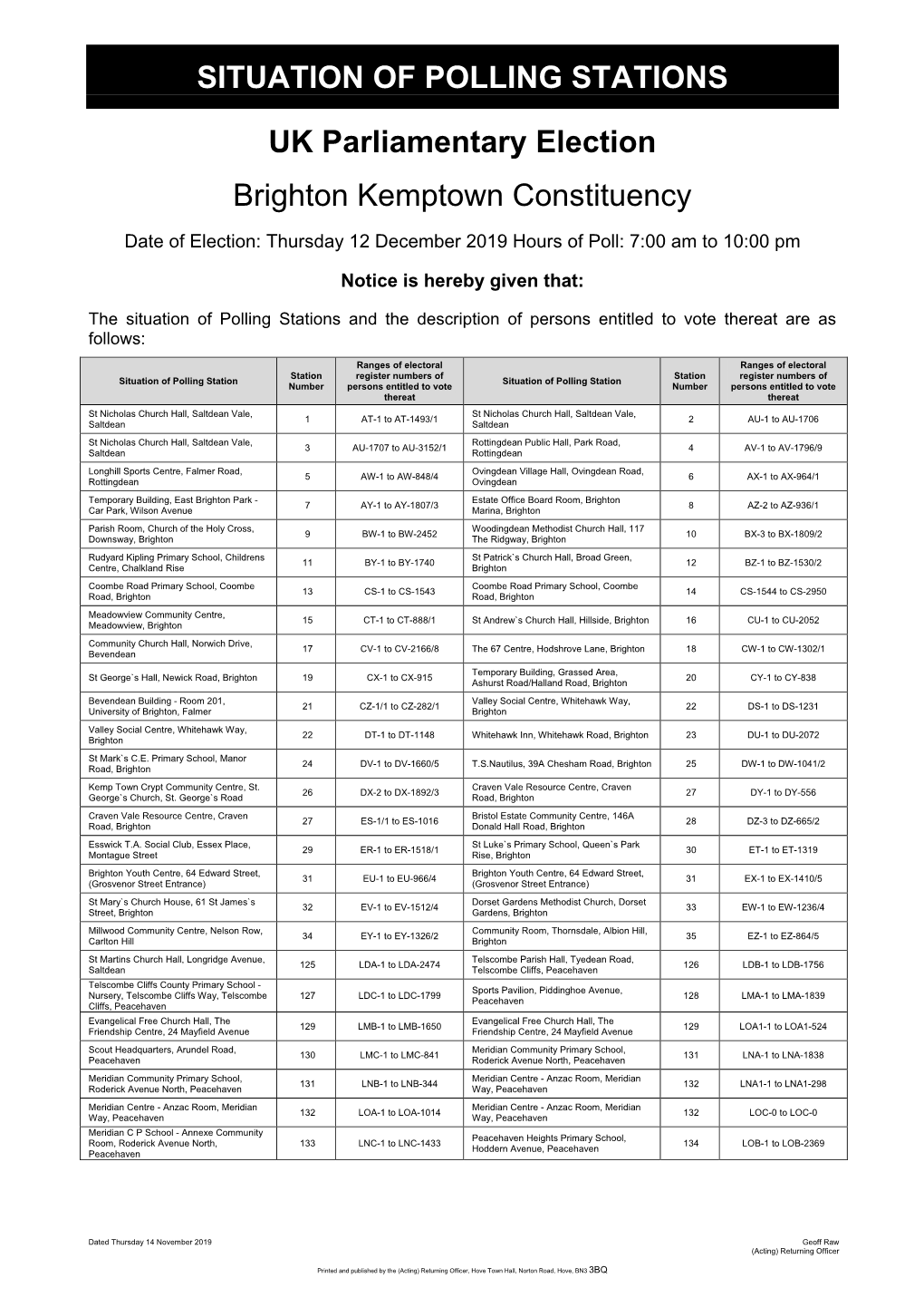 SITUATION of POLLING STATIONS UK Parliamentary Election Brighton