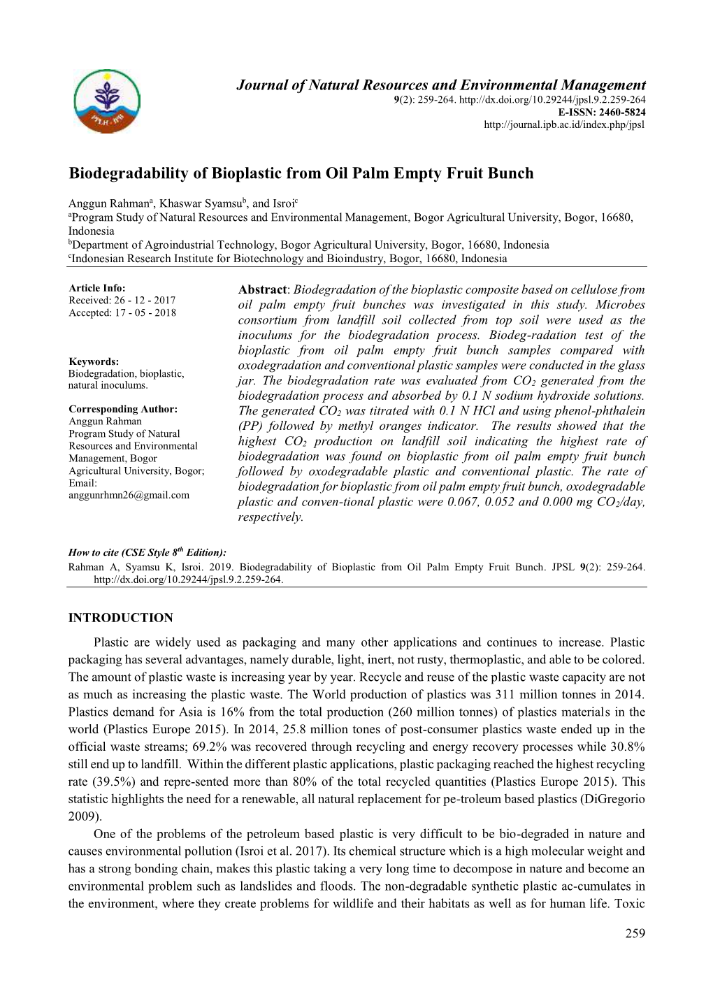 Biodegradability of Bioplastic from Oil Palm Empty Fruit Bunch
