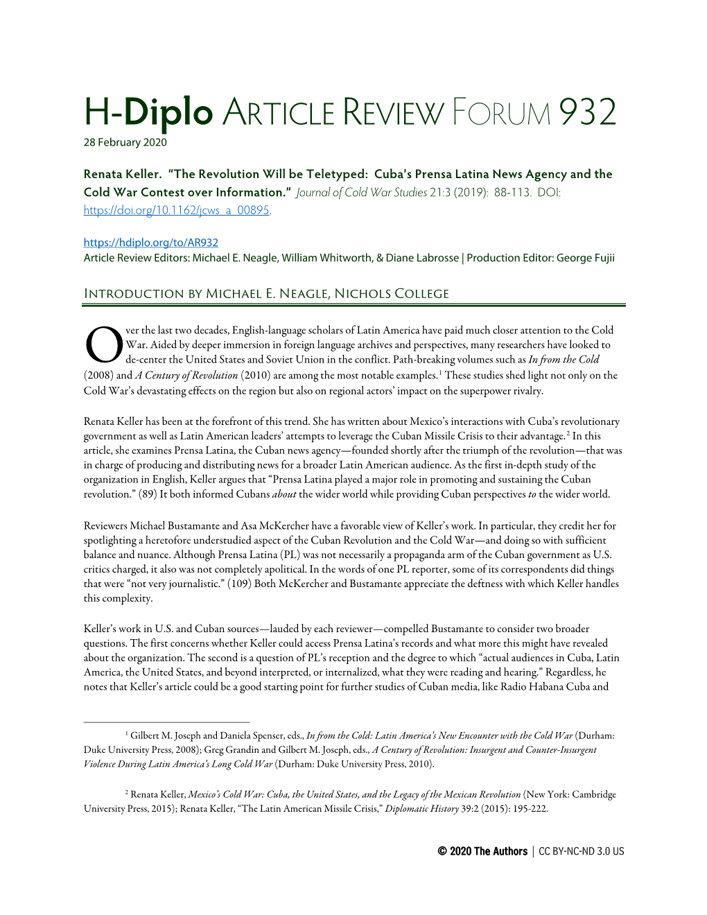 H-Diplo ARTICLE REVIEW FORUM 932 28 February 2020