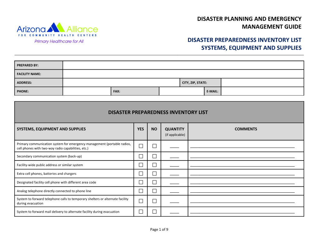 Disaster Inventory List