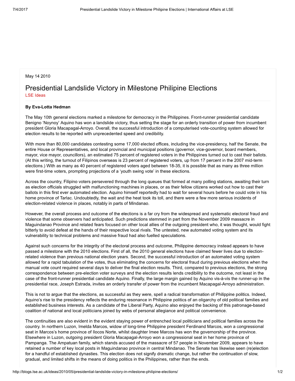 Presidential Landslide Victory in Milestone Philipine Elections | International Affairs at LSE