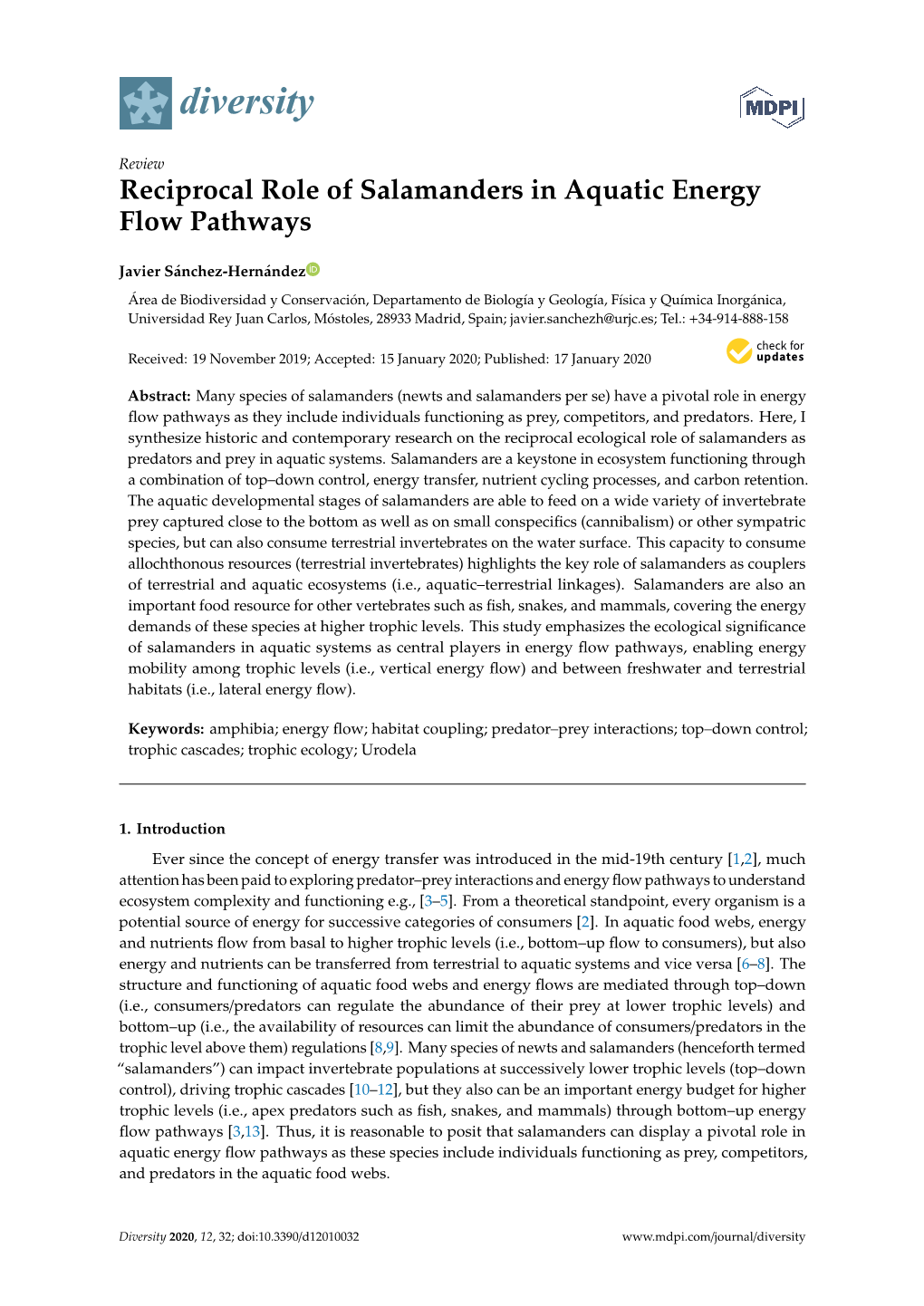 Reciprocal Role of Salamanders in Aquatic Energy Flow Pathways