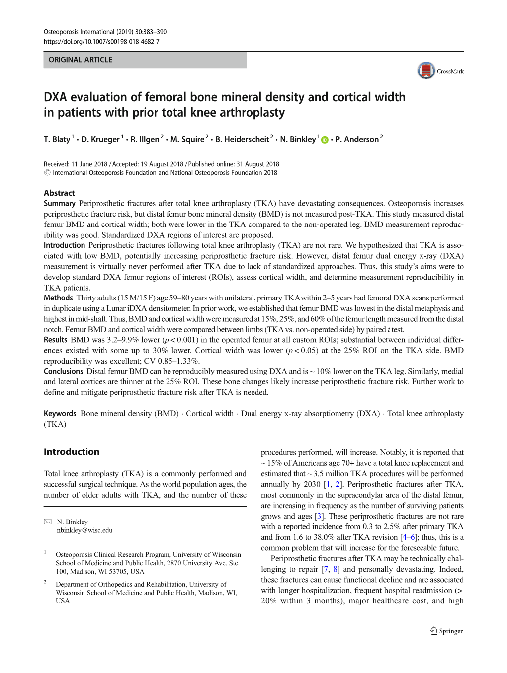 DXA Evaluation of Femoral Bone Mineral Density and Cortical Width in Patients with Prior Total Knee Arthroplasty