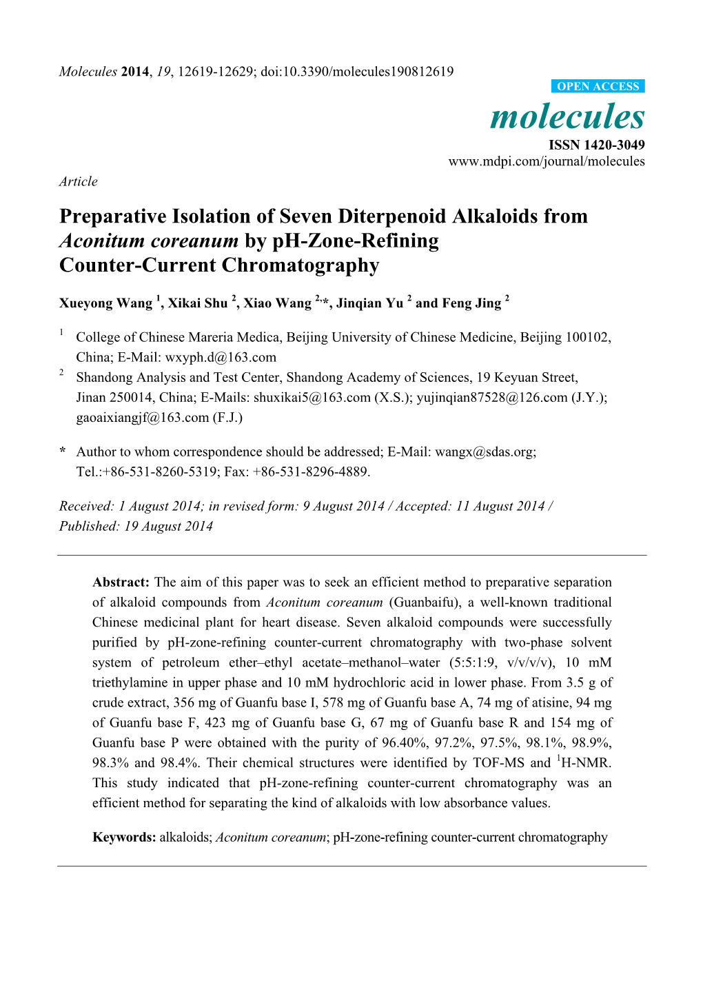 Preparative Isolation of Seven Diterpenoid Alkaloids from Aconitum Coreanum by Ph-Zone-Refining Counter-Current Chromatography