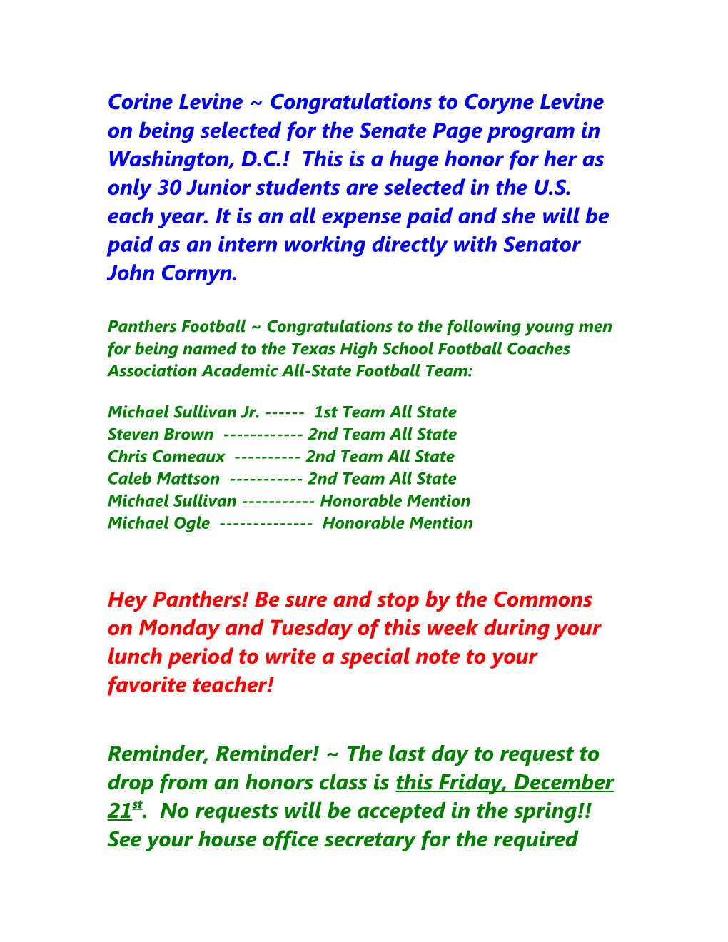 Announcements For Week Of December 3, 2012