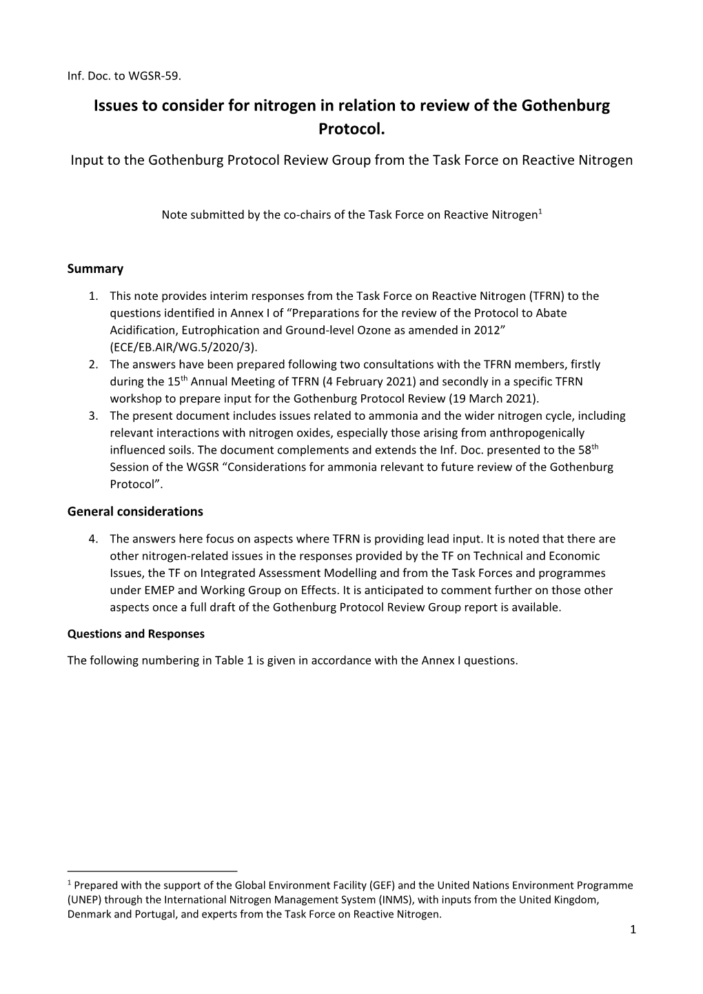 Issues to Consider for Nitrogen in Relation to Review of the Gothenburg Protocol