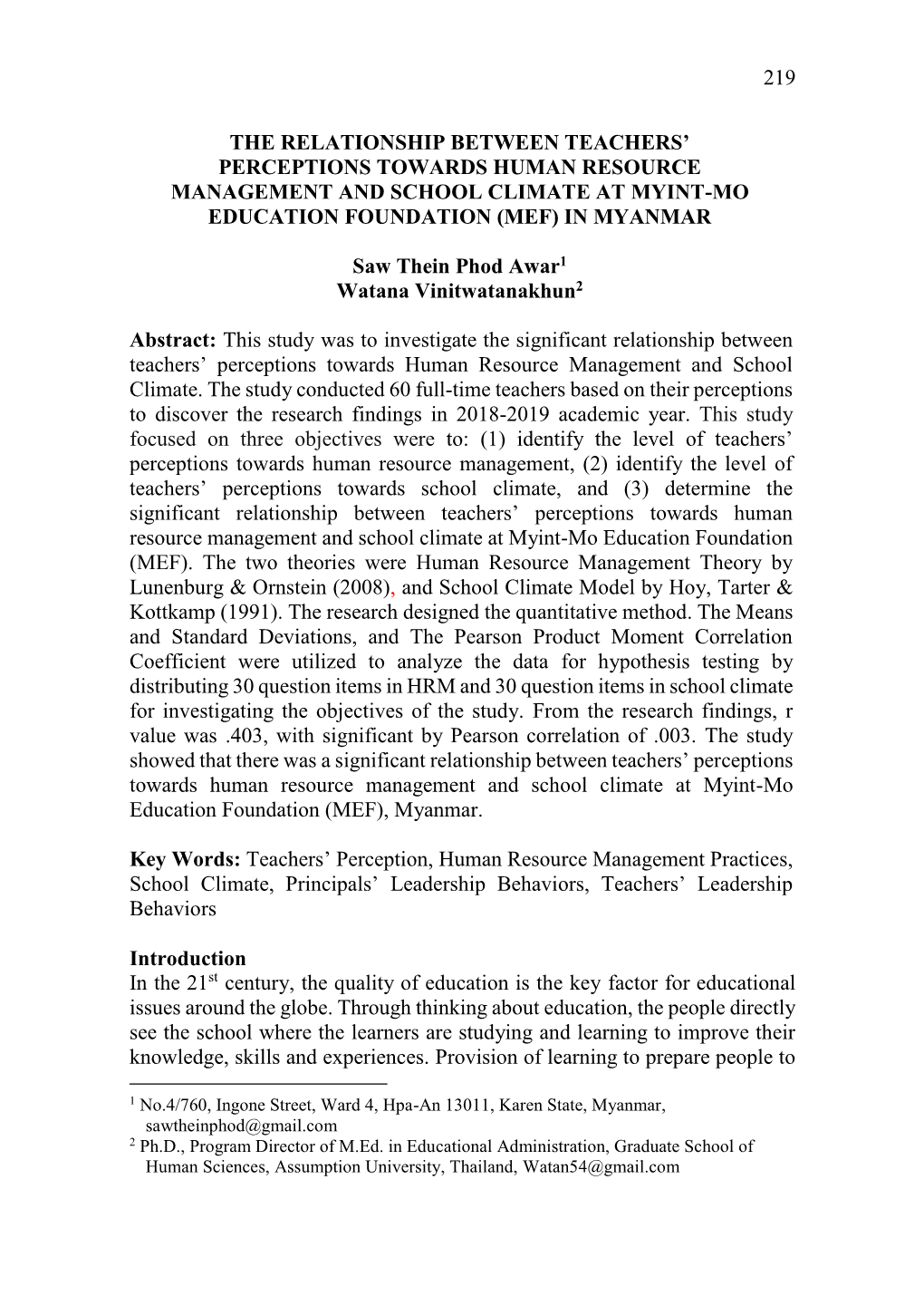 219 the Relationship Between Teachers' Perceptions Towards Human Resource Management and School Climate at Myint-Mo Education