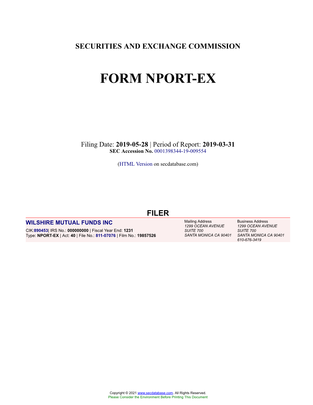 WILSHIRE MUTUAL FUNDS INC Form NPORT-EX Filed 2019-05-28