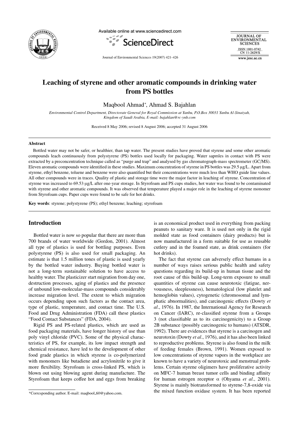 Leaching of Styrene and Other Aromatic Compounds in Drinking Water from PS Bottles