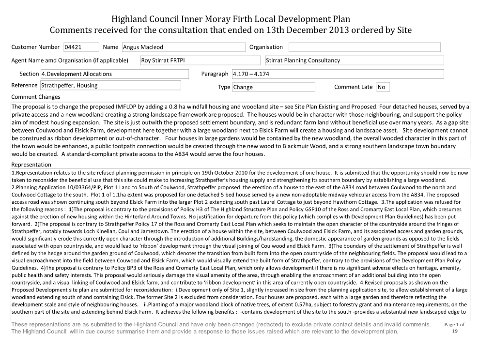 Highland Council Inner Moray Firth Local Development Plan Comments Received for the Consultation That Ended on 13Th December 2013 Ordered by Site