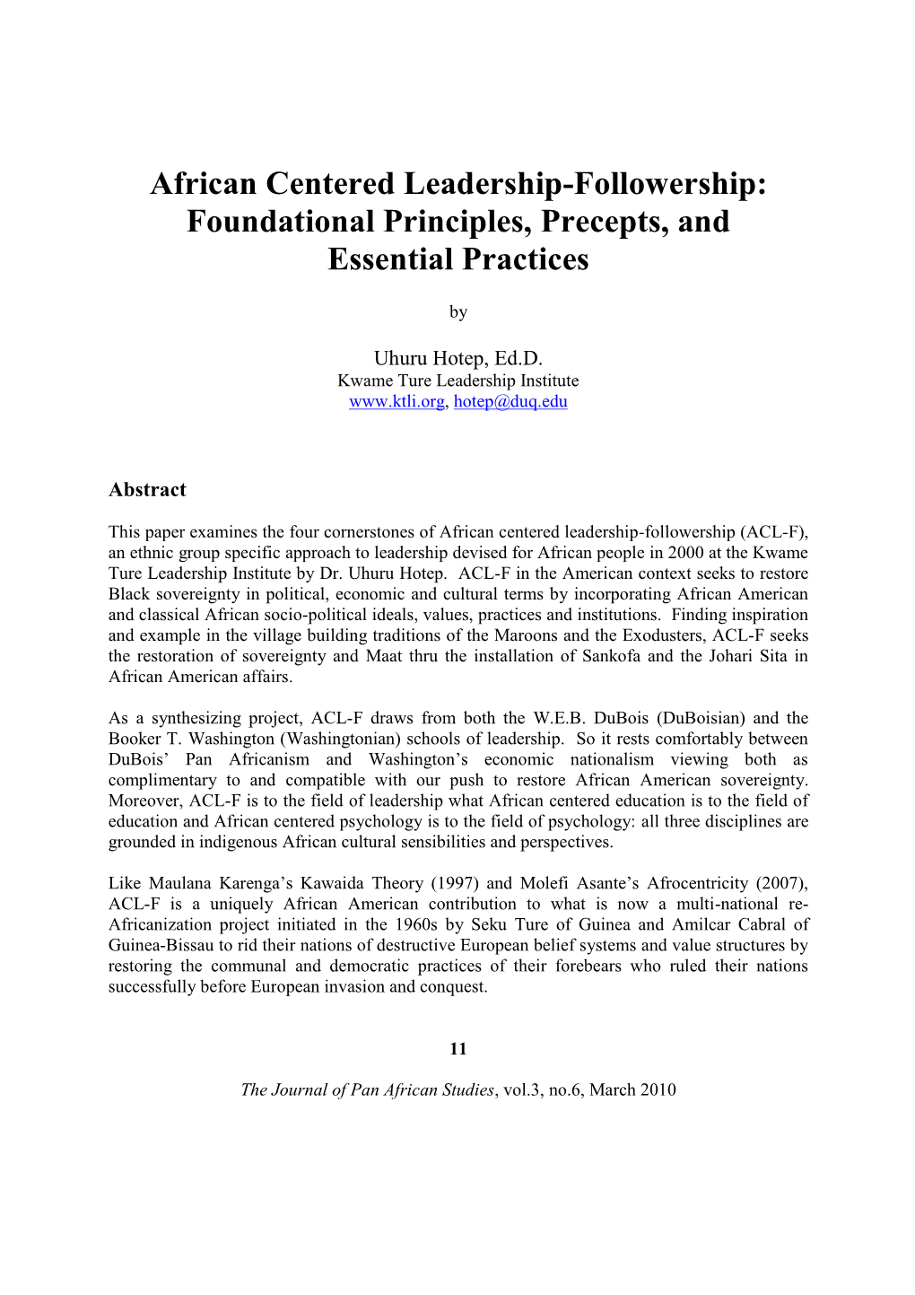 African Centered Leadership-Followership: Foundational Principles, Precepts, and Essential Practices