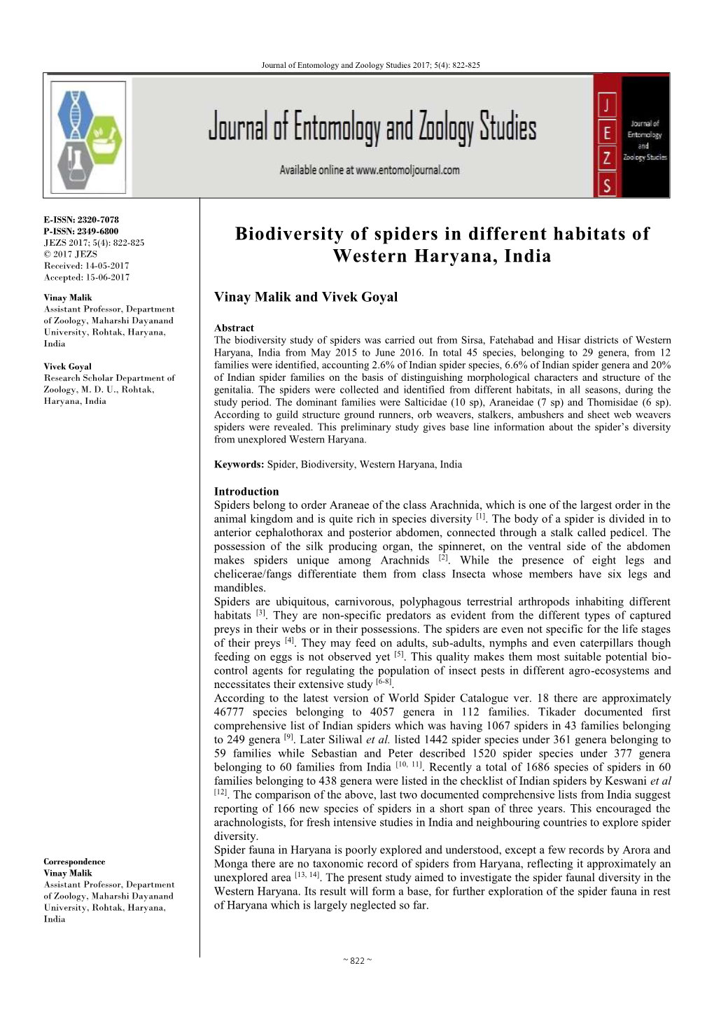 Biodiversity of Spiders in Different Habitats of Western Haryana, India