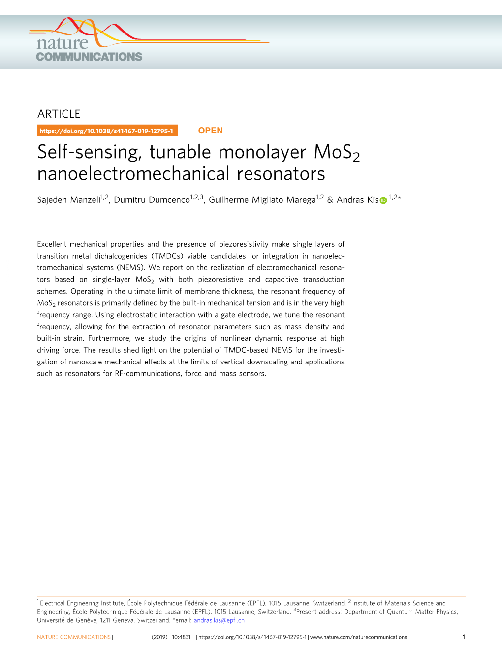 Self-Sensing, Tunable Monolayer Mos2 Nanoelectromechanical Resonators