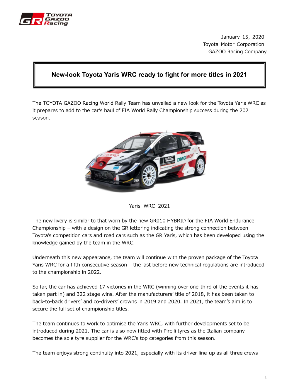 New-Look Toyota Yaris WRC Ready to Fight for More Titles in 2021