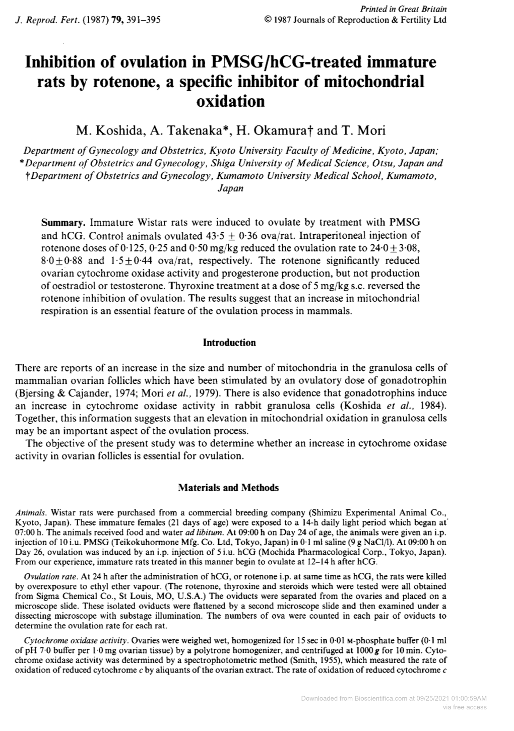 Rats by Rotenone, a Specific Inhibitor of Mitochondrial Oxidation M