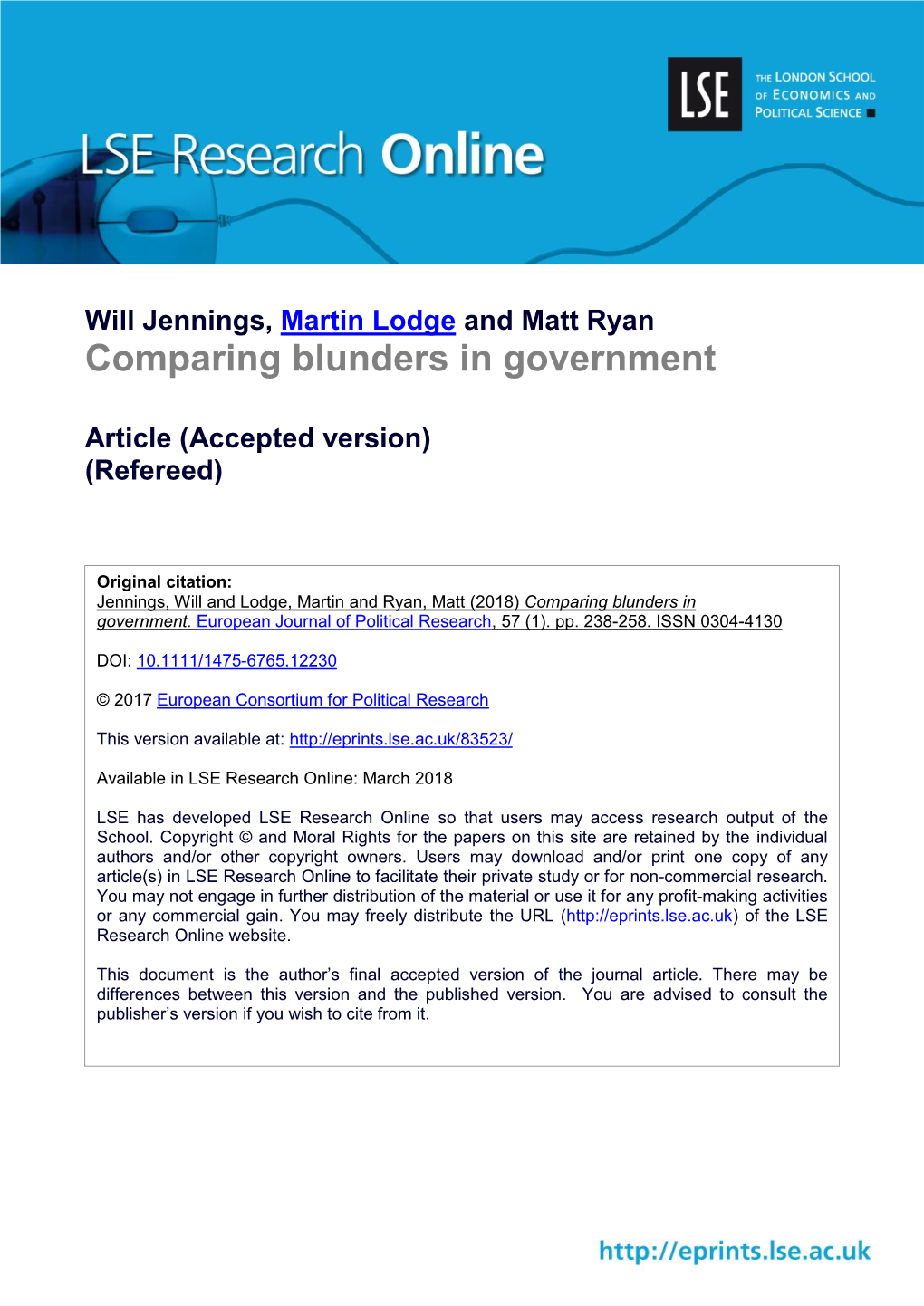 Will Jennings, Martin Lodge and Matt Ryan Comparing Blunders in Government