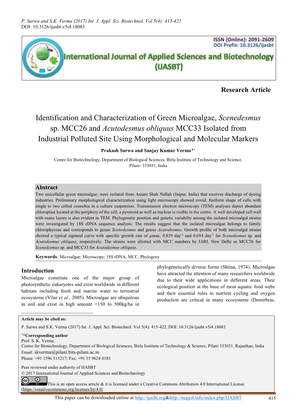 Identification and Characterization of Green Microalgae, Scenedesmus Sp. MCC26 and Acutodesmus Obliquus MCC33 Isolated from Indu