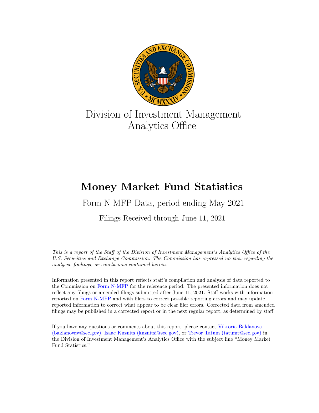 Money Market Fund Statistics, May 2021