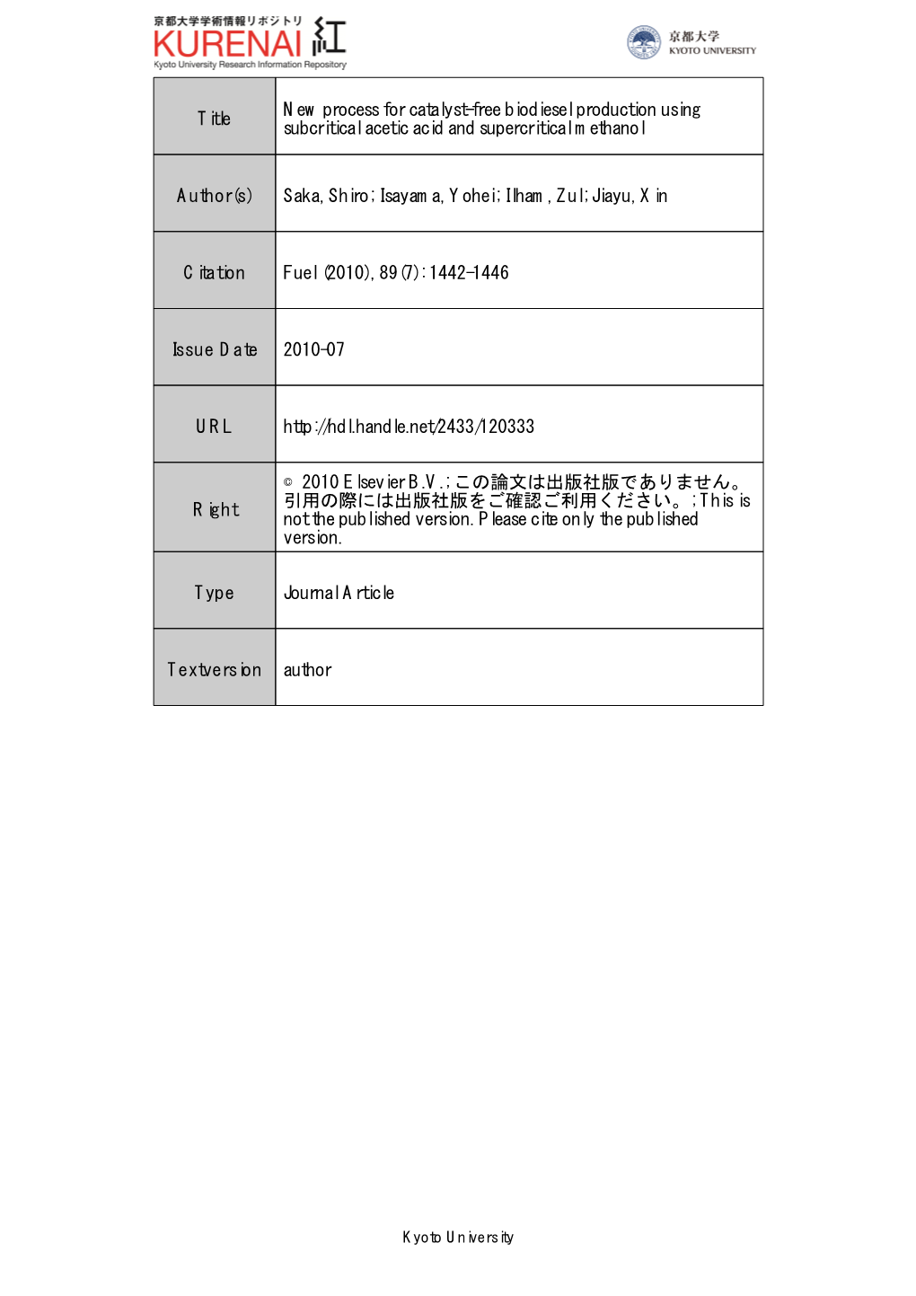 Title New Process for Catalyst-Free Biodiesel Production Using Subcritical Acetic Acid and Supercritical Methanol Author(S) Saka