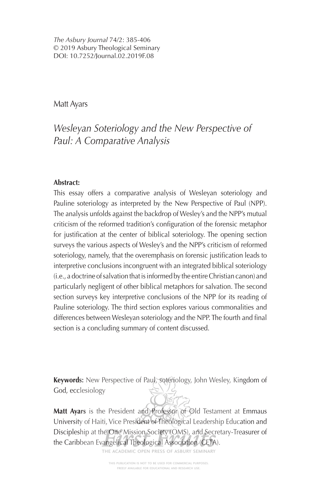 Wesleyan Soteriology and the New Perspective of Paul: a Comparative Analysis