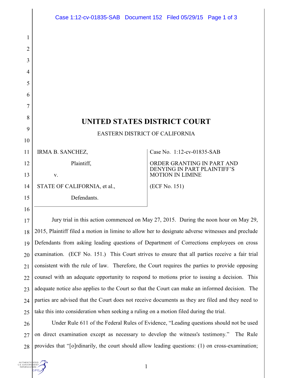 United States District Court 9 Eastern District of California 10